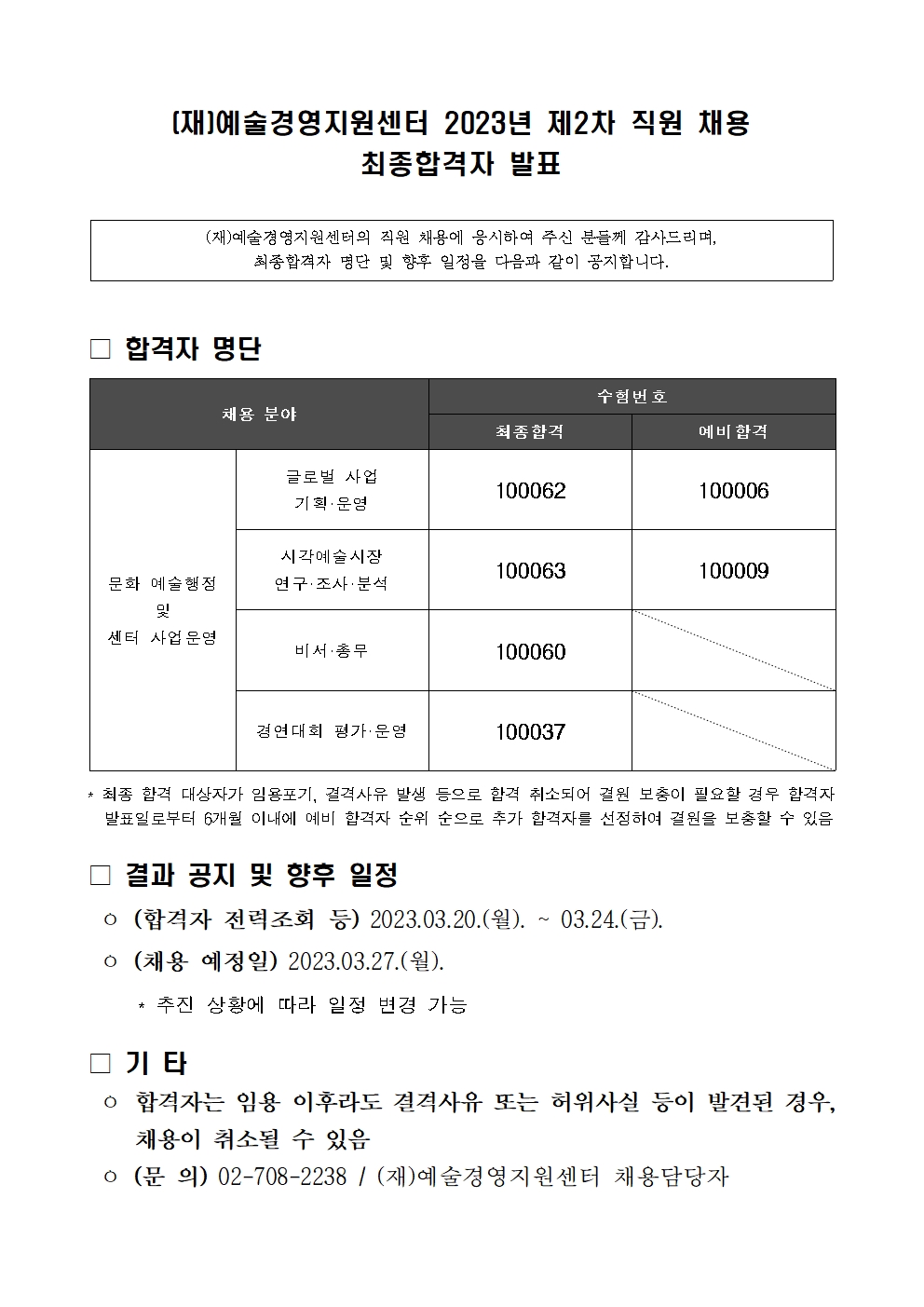 (재)예술경영지원센터 2023년 제2차 직원 채용 최종결과 안내